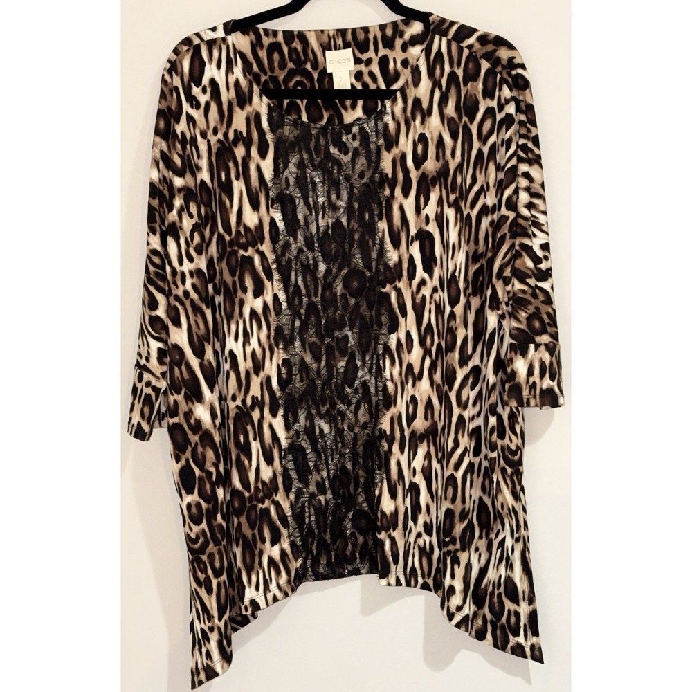 Chicos 2 Blouse Women's Leopard Print Shark Bite Hem Short Sleeve Stretch Large